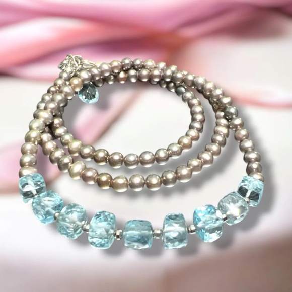 Solid 14k White Gold Natural Pearl, Sky Blue Topaz Necklace 17.5" - 18.1" - Picture 7 of 9